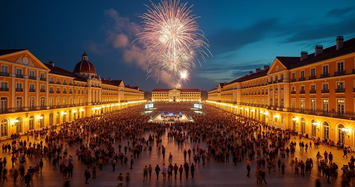 Praça do Comércio em Lisboa iluminada para o Ano Novo, população reunida, fogos no céu 