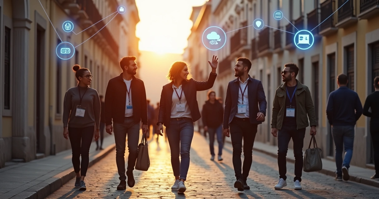 Group on guided tech mission walking through Lisbon with digital overlay map 
