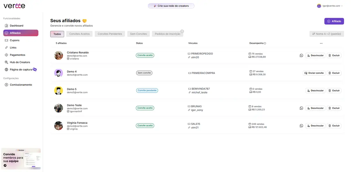 Tela da plataforma Vertte mostrando lista de afiliados com status e desempenho