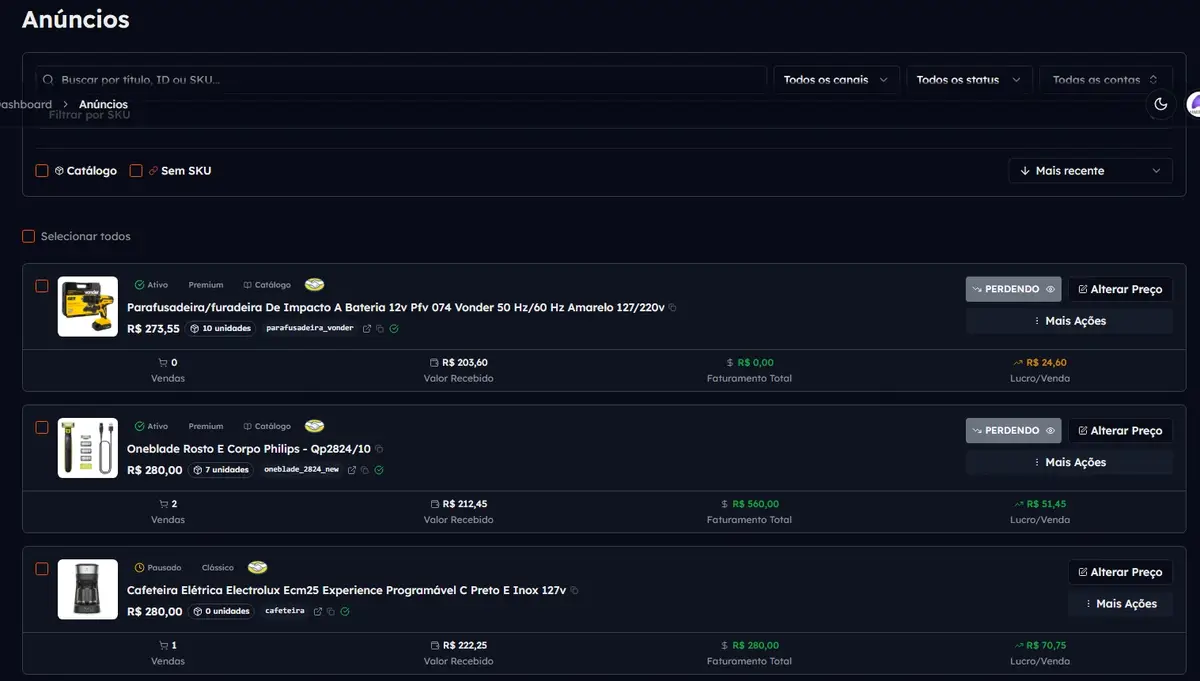 Tela da plataforma Hunter mostrando lista de anúncios de produtos com preços, vendas, faturamento e lucro detalhado