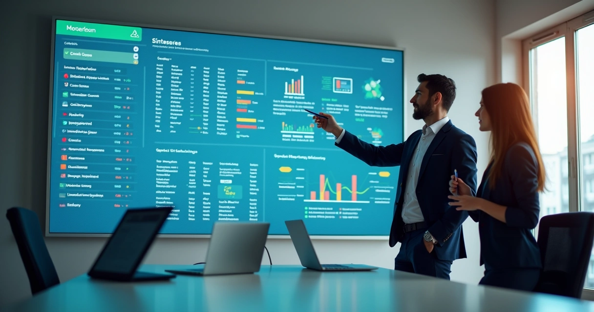 Equipe de vendas analisando lista de clientes B2B em painel digital 