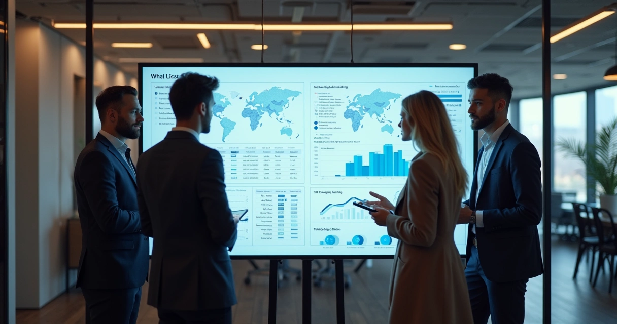 Equipe comercial analisando listas de clientes ideais em grande tela 