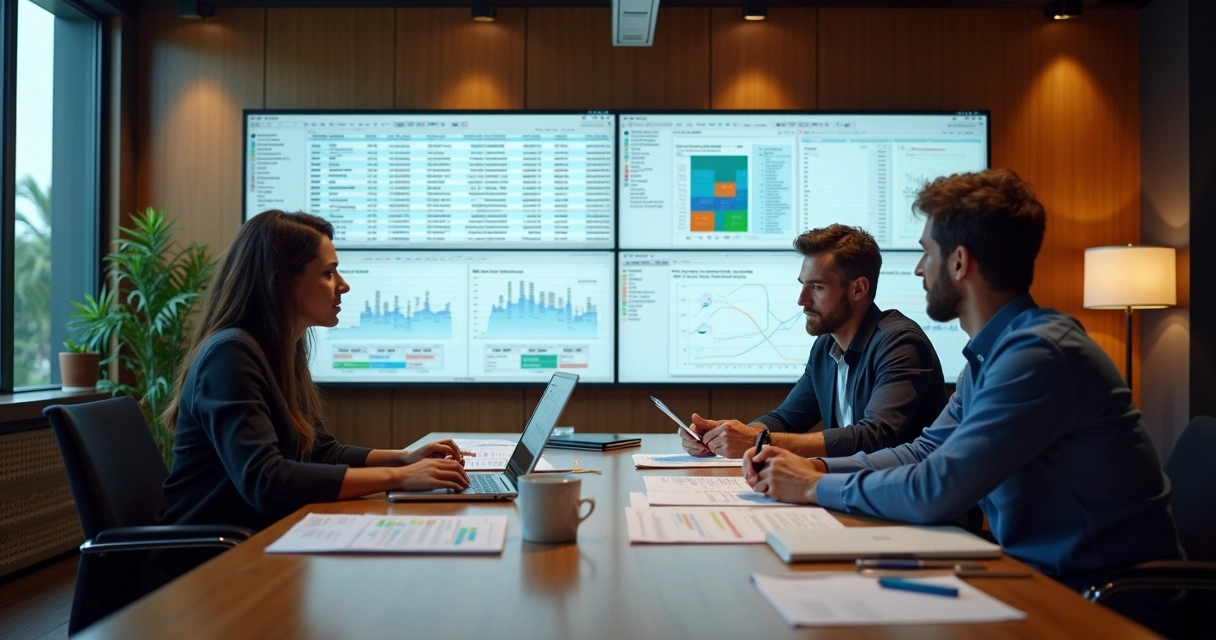 Equipe analisando planilha de cobrança em sala de reunião. 