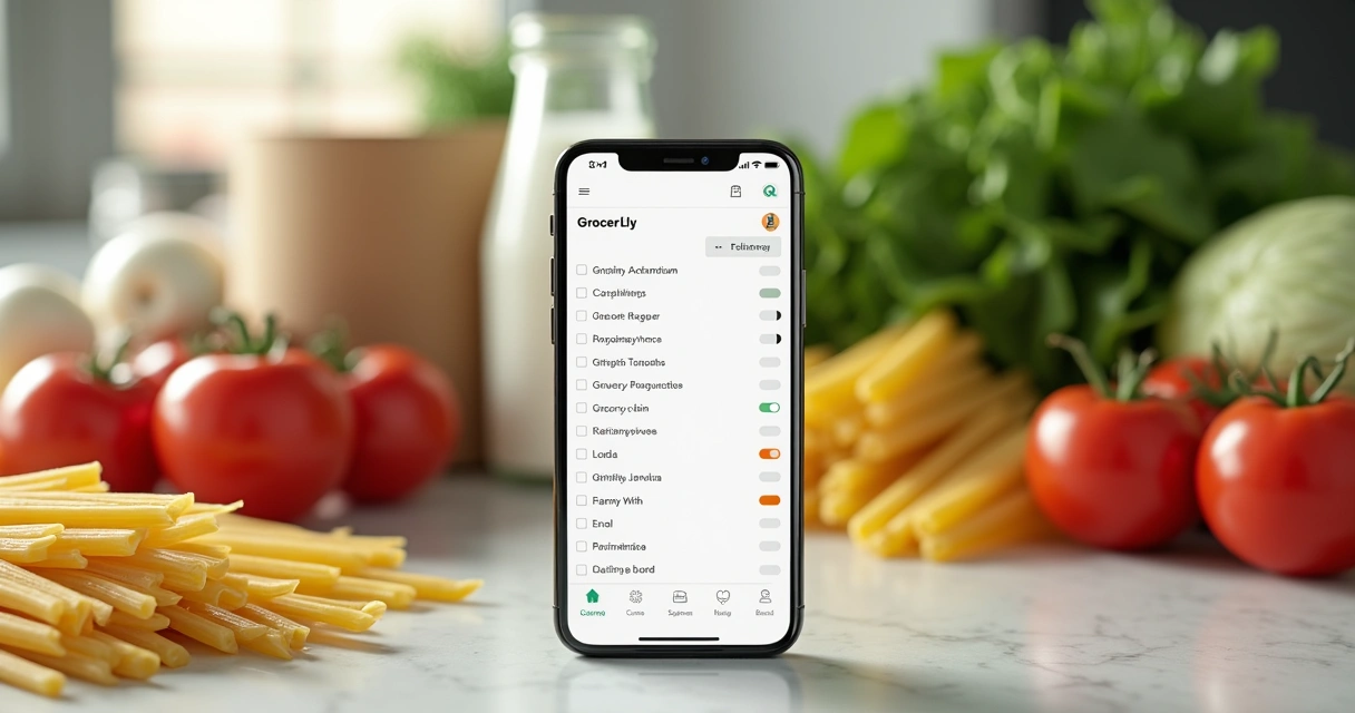 Lista de compras exibida em aplicativo de celular e alimentos ao redor. 