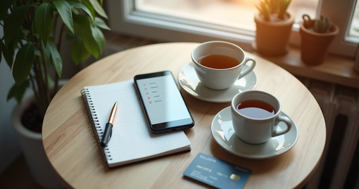 Celular e lista de compras sobre mesa 