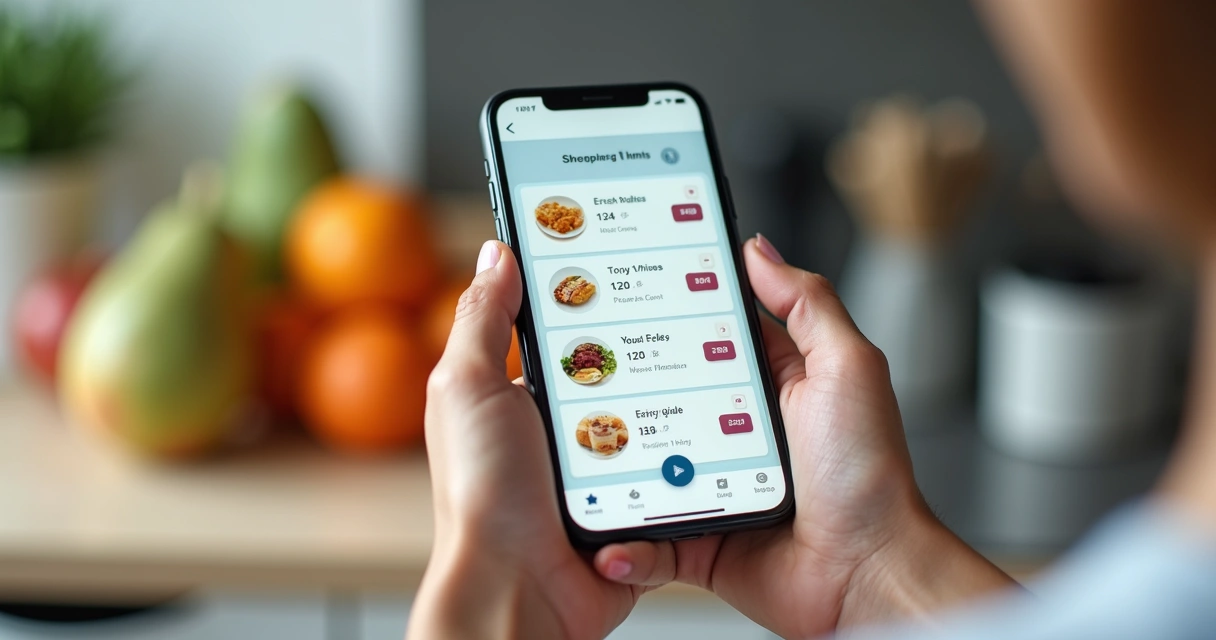 Pessoa usando aplicativo de lista de compras automatizada na tela de celular 