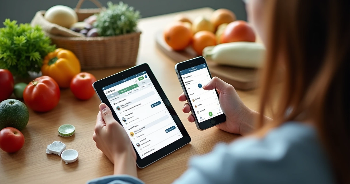 Pessoa organizando uma lista de compras online no celular e tablet, em uma mesa com vários produtos à vista 