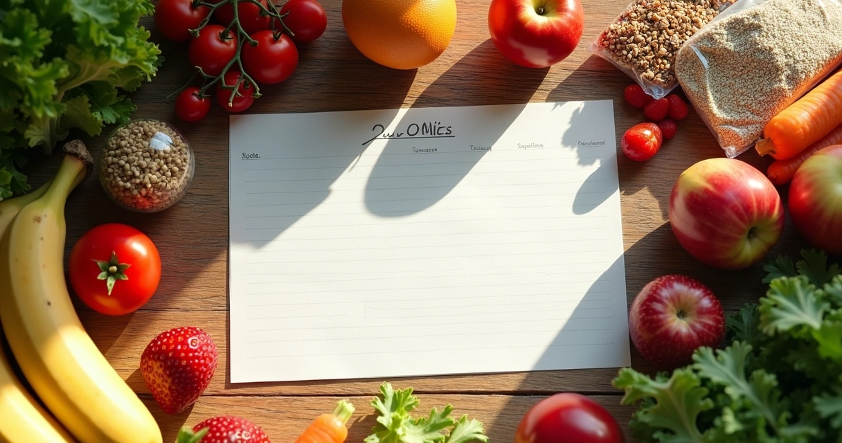 Lista de compras saudáveis com frutas, legumes e grãos integrais 