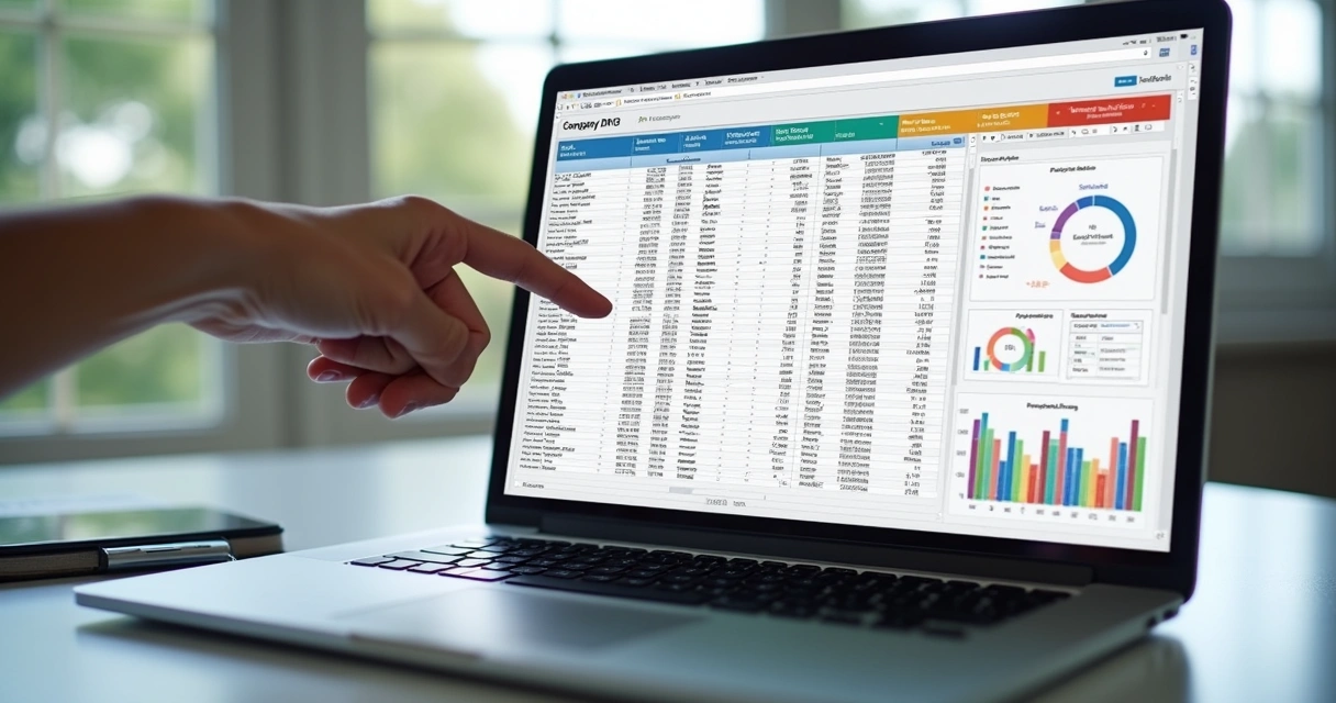 Planilha digital com lista de contatos B2B, colunas de telefone e gráficos. 