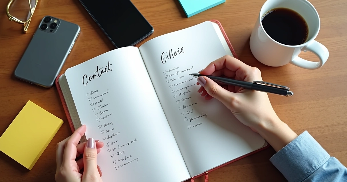 Lista de contatos anotada em um caderno ao lado de uma caneca de café 