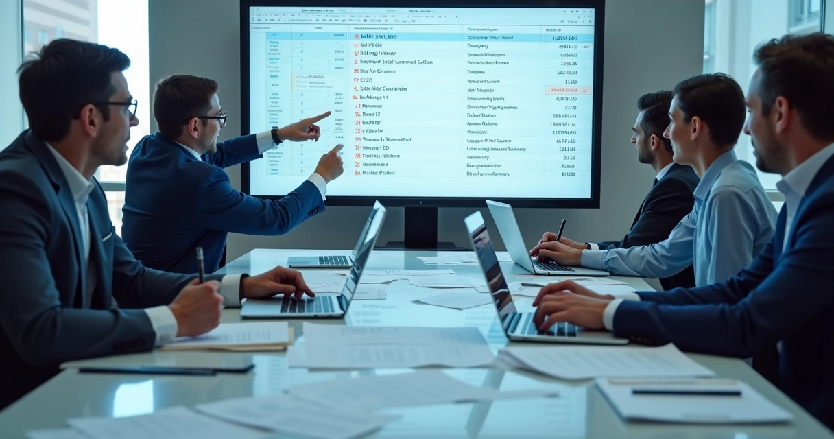 Equipe de vendas analisando uma lista de contatos em uma reunião 