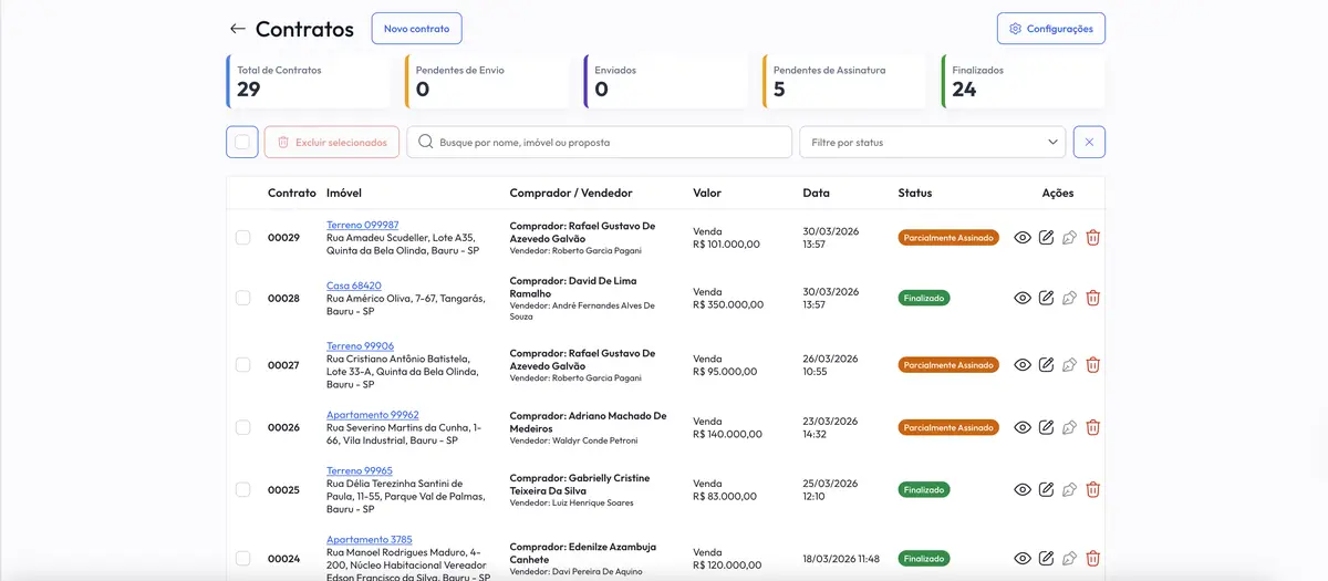 Interface de sistema de gestão mostrando lista de contratos imobiliários com status, valores e ações disponíveis