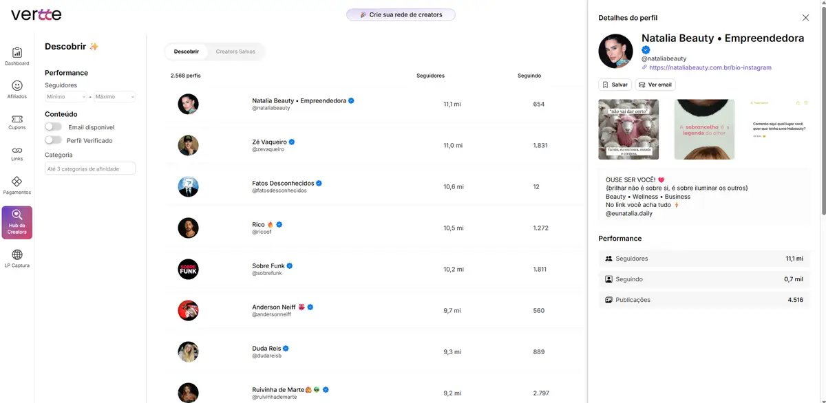Plataforma Vertte mostrando lista de criadores com seus perfis, seguidores e opções de filtragem à esquerda e detalhes de perfil ao lado direito