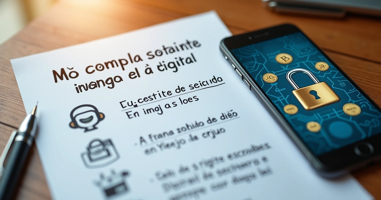 Lista de cuidados de segurança digital em papel ao lado de celular com app financeiro aberto 
