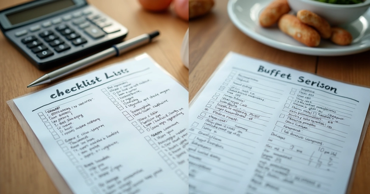 Duas listas comparativas de custos lado a lado, uma de festa feita em casa e outra de contratação de buffet 