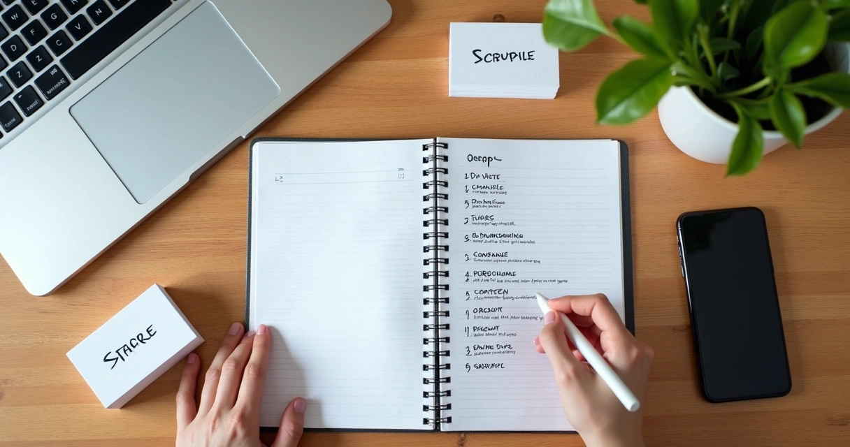 Caderno com lista de empresas e notebook em mesa de trabalho 