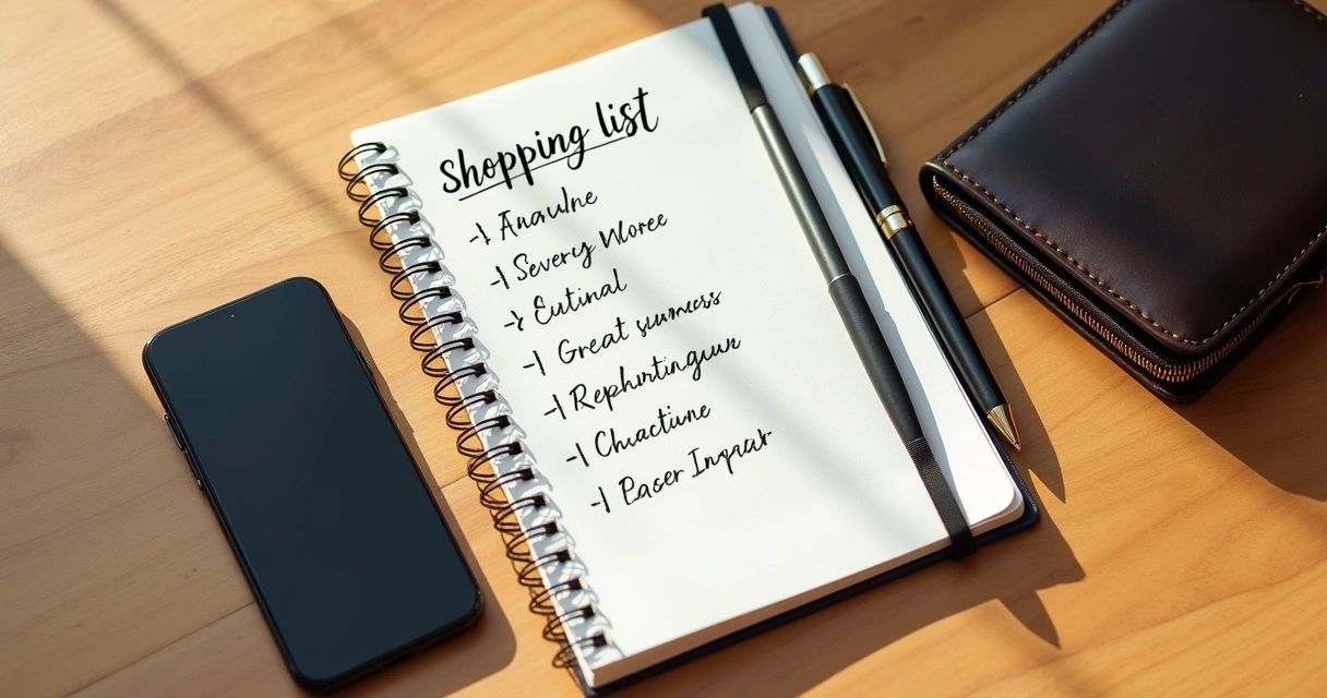 Caderno com lista de compras ao lado de carteira 