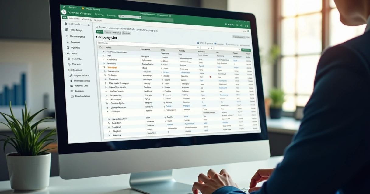 Tela de computador com plataforma de pesquisa de empresas aberta mostrando filtros avançados e lista de empresas 