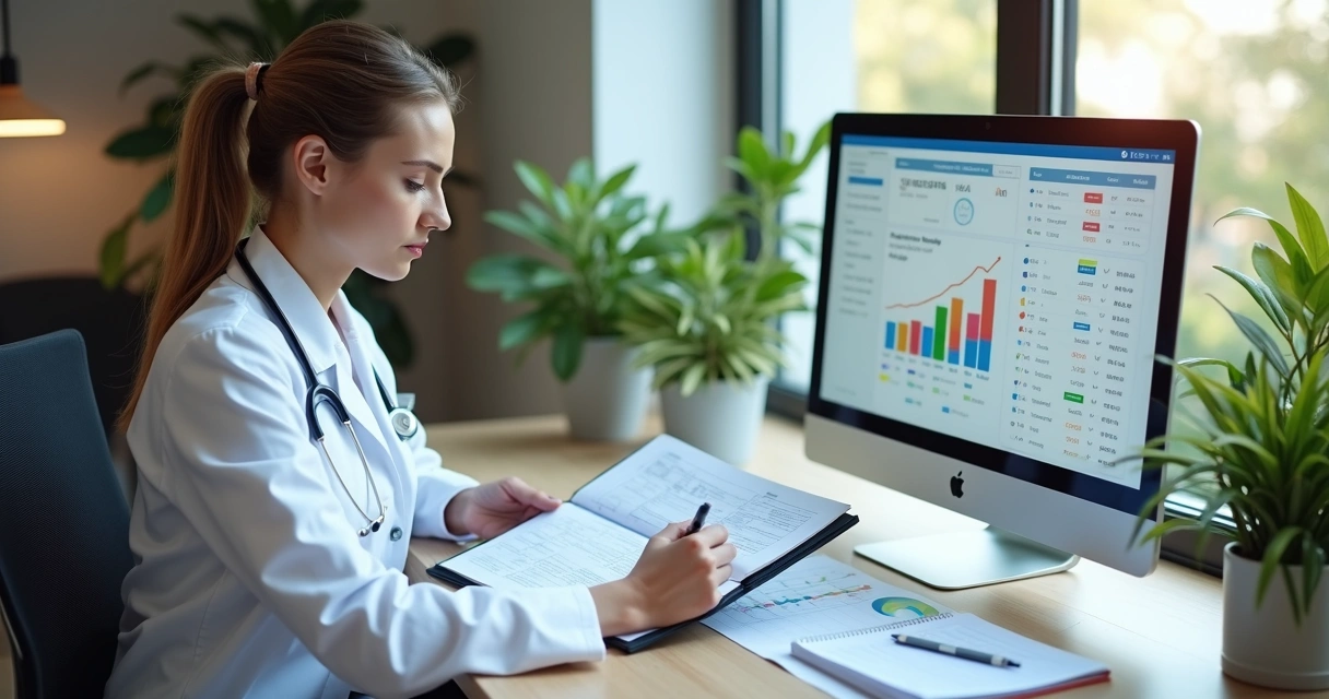 Médica usando notebook em uma clínica para analisar lista de indicadores de retenção 
