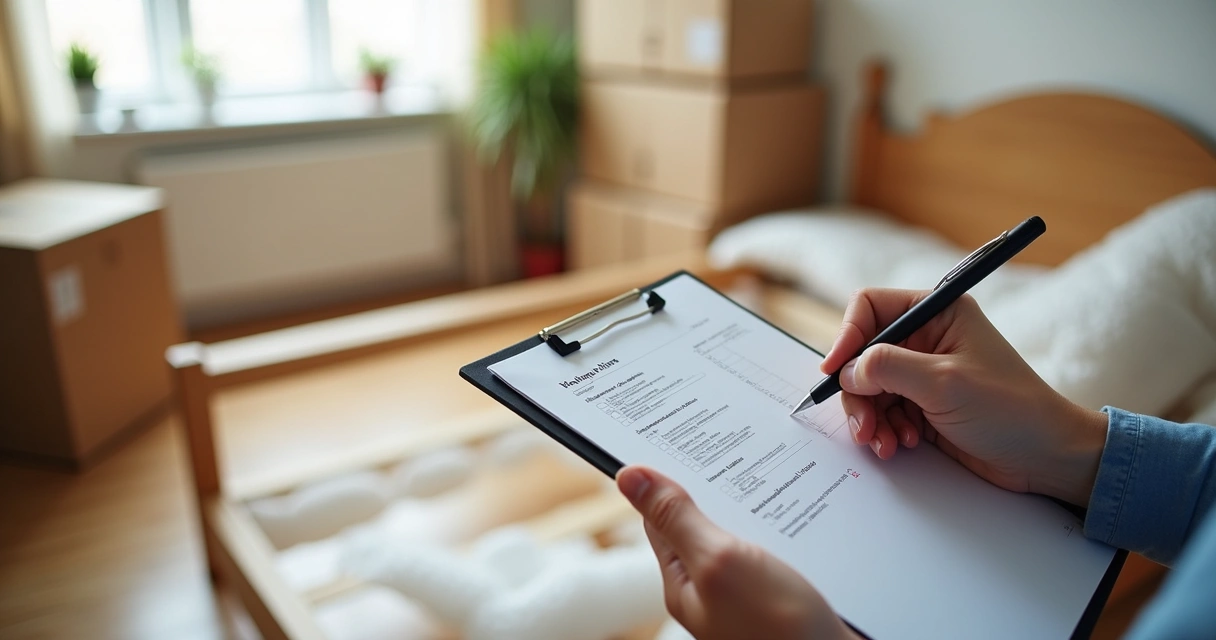 Pessoa preenchendo lista de inventário de mudança com caixas empilhadas ao fundo