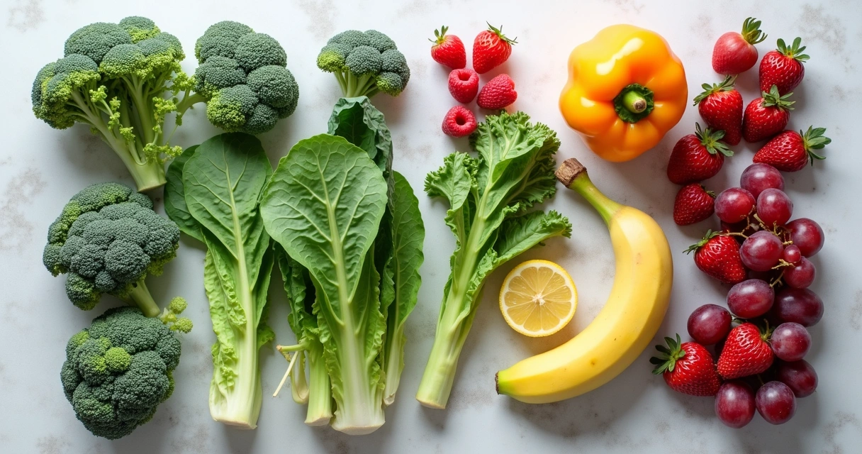 Vegetales verdes y algunas frutas bajas en azúcar clasificadas sobre fondo claro 
