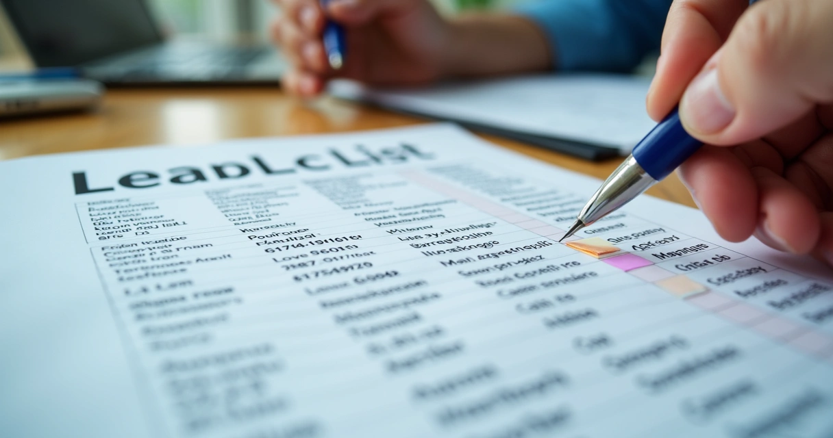 Lista de leads logísticos impressa e marcada sobre mesa de escritório 