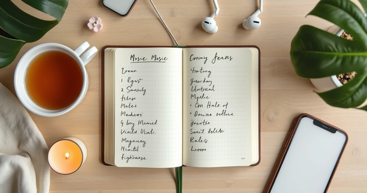 Cuaderno con lista musical y taza de té sobre mesa clara