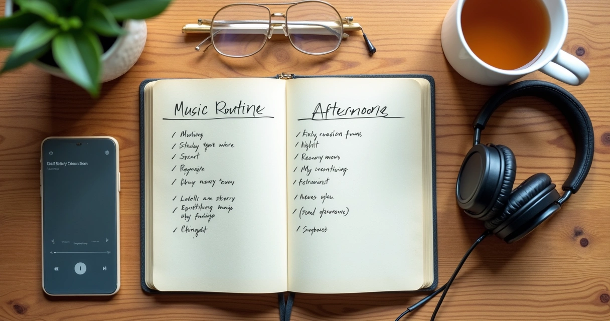 Cuaderno con lista musical y auriculares sobre una mesa