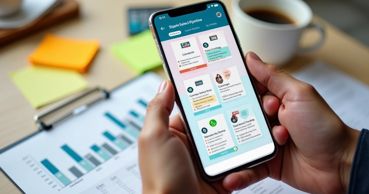 Celular exibe pipeline de vendas com estágios coloridos e lista de contatos 