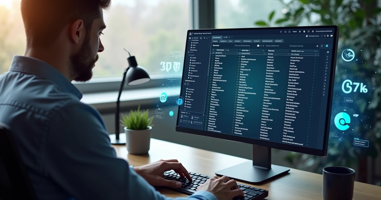 Pessoa analisando lista de nomes de empresas em tela de computador com gráficos e dados detalhados ao redor 