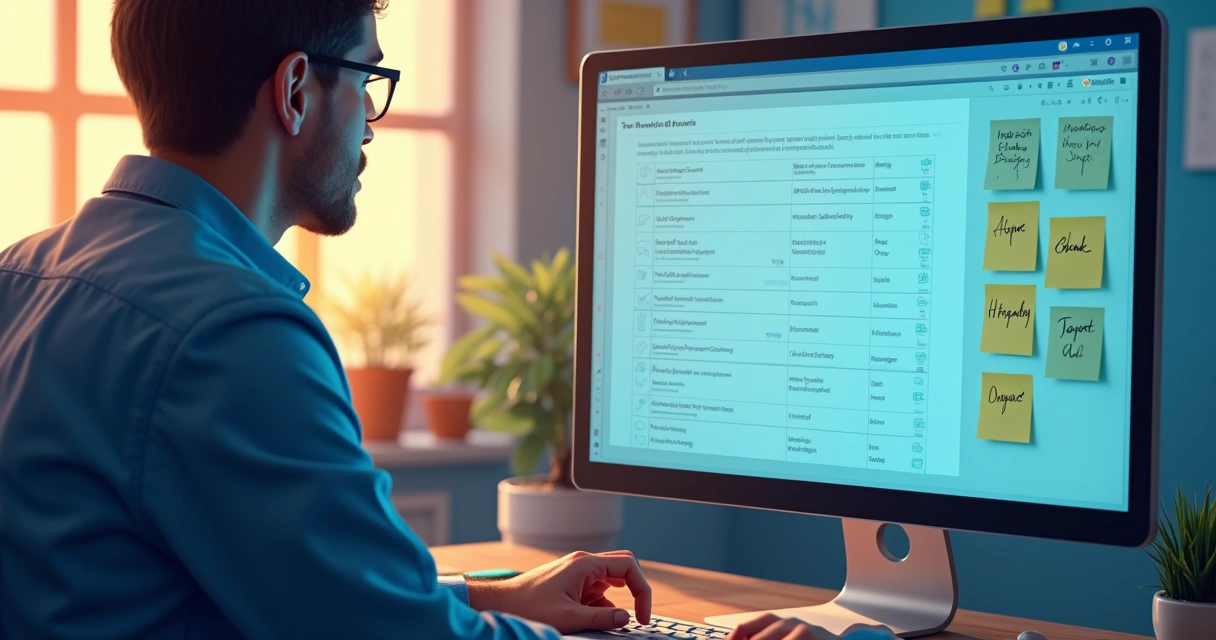 Profissional revisando lista digital de palavras-chave em tela de computador 