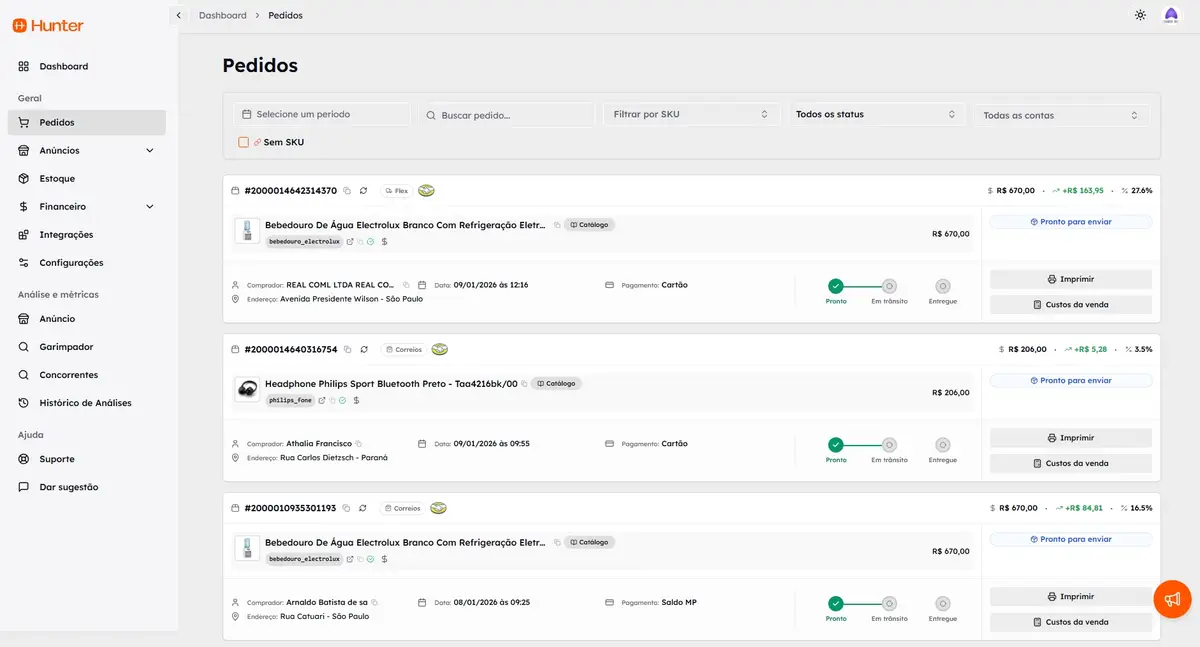 Tela do sistema Hunter mostrando a lista de pedidos com detalhes de cada venda e status de envio