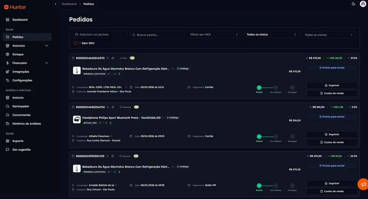 Tela da plataforma Hunter mostrando a lista de pedidos com detalhes como nome do produto, comprador, data, valor, status e opções de impressão e custo de venda