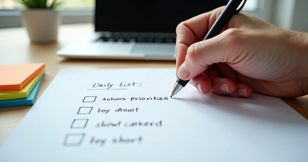 Mano haciendo una lista de prioridades en una hoja blanca. 