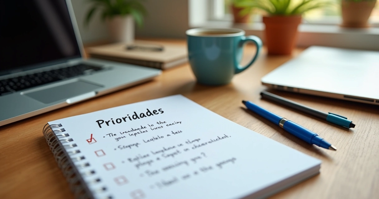 Lista de prioridades manuscrita em mesa de trabalho em casa.