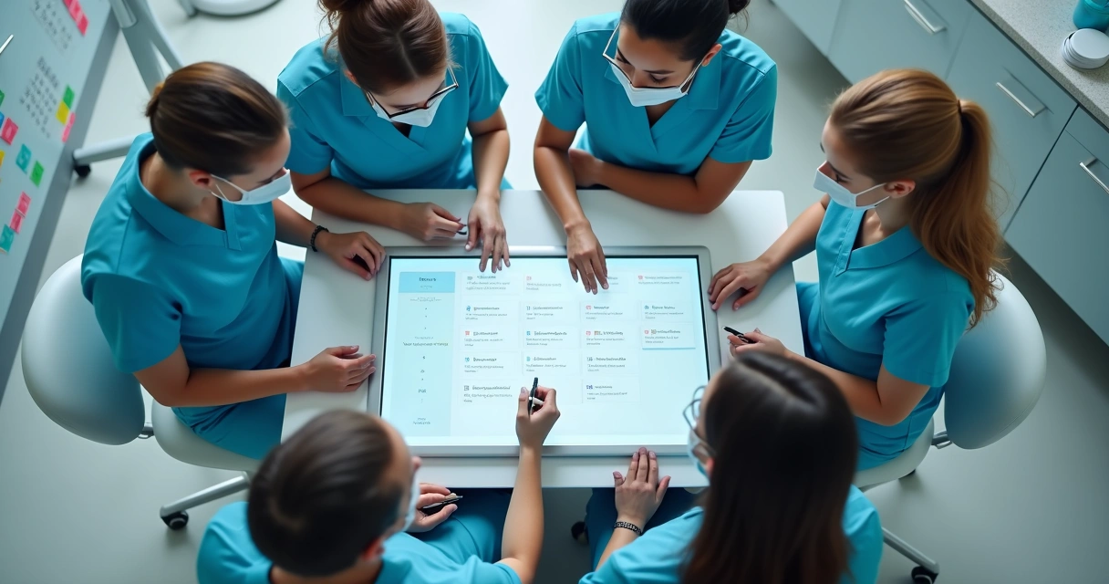 Equipe odontológica revisando lista numerada de procedimentos clínica 