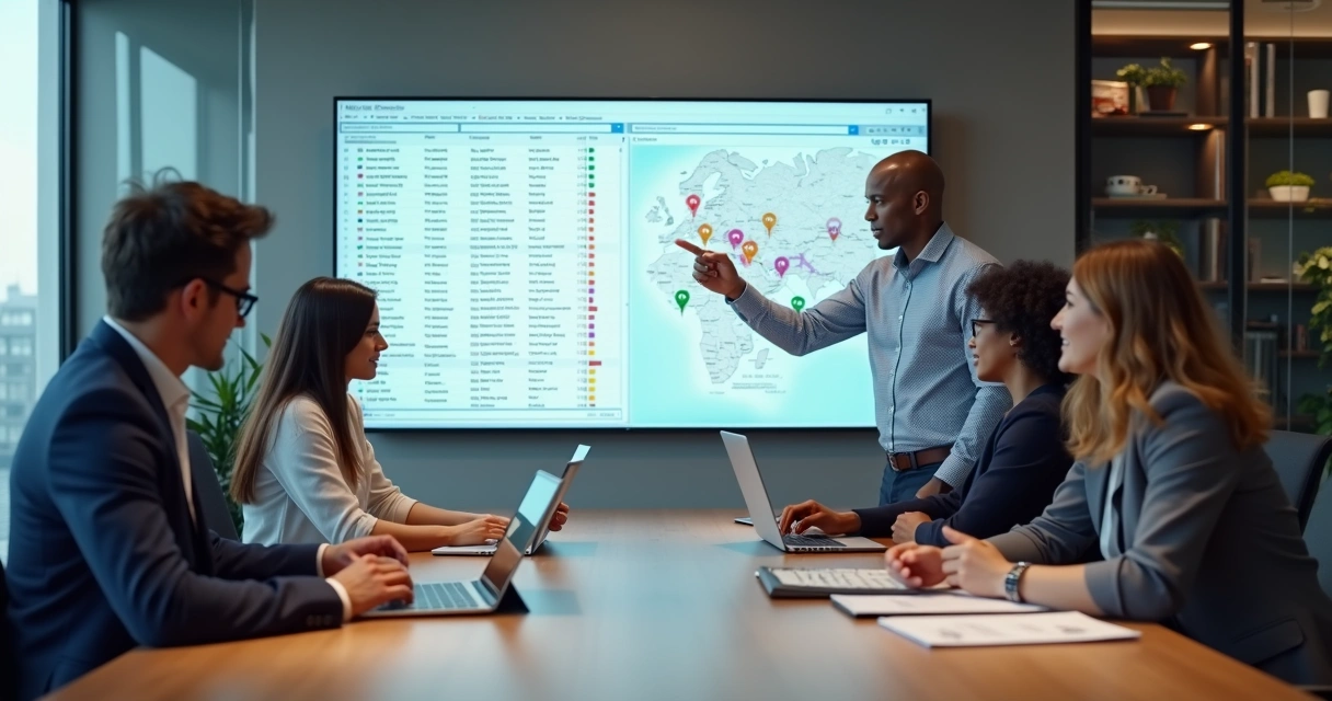 Equipe analisando mapa e lista segmentada de leads B2B em uma tela grande 