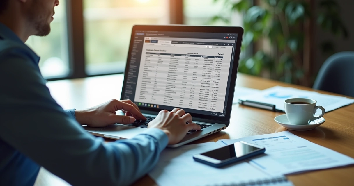 Pessoa analisando planilha de leads de empresas em notebook 