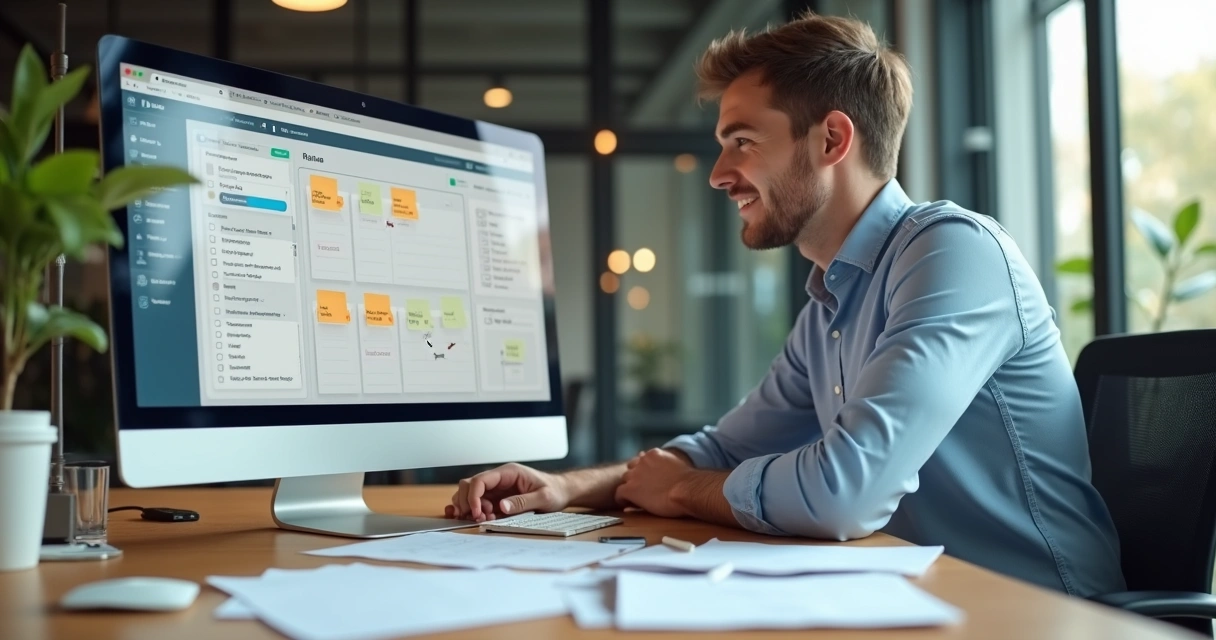 Vendedor analisando lista de leads na frente do computador. 