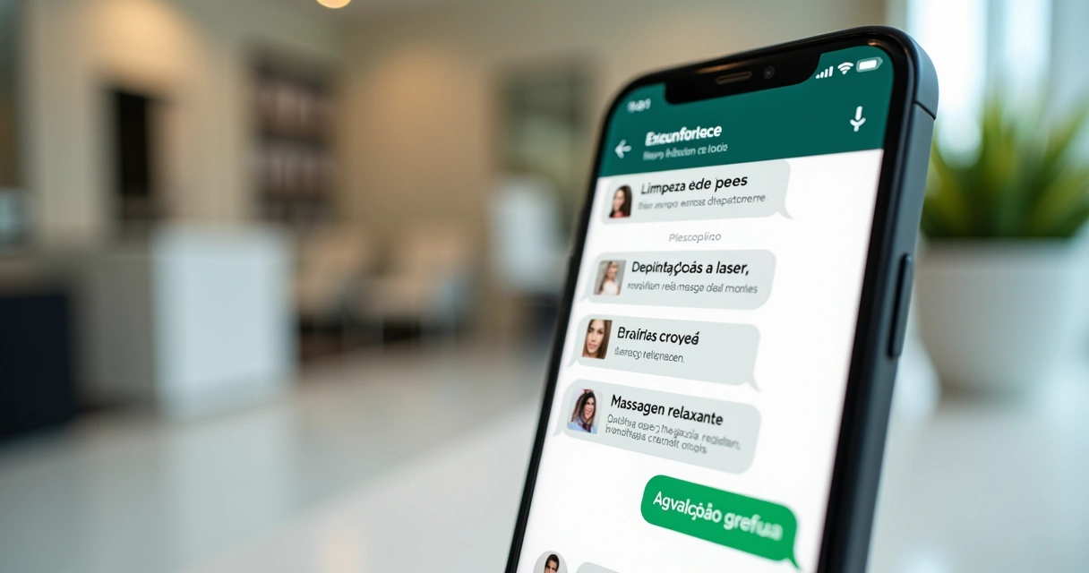 Lista de serviços de estética em uma tela de WhatsApp com opções interativas. 