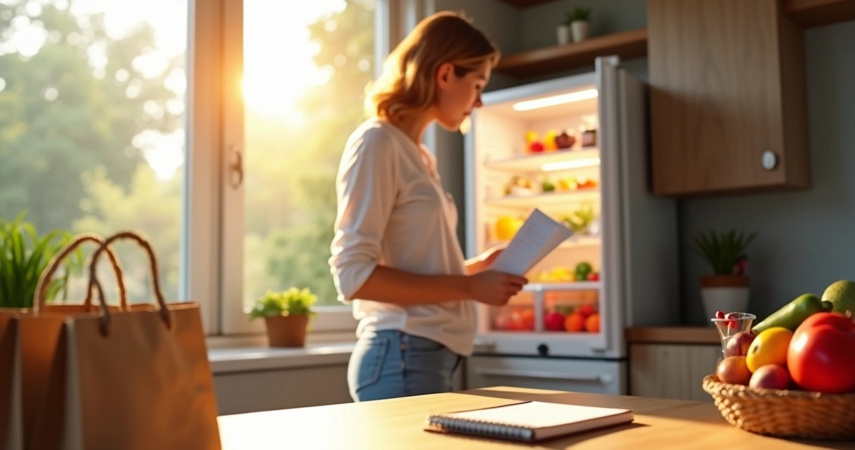 Pessoa em cozinha verificando lista de compras no papel 