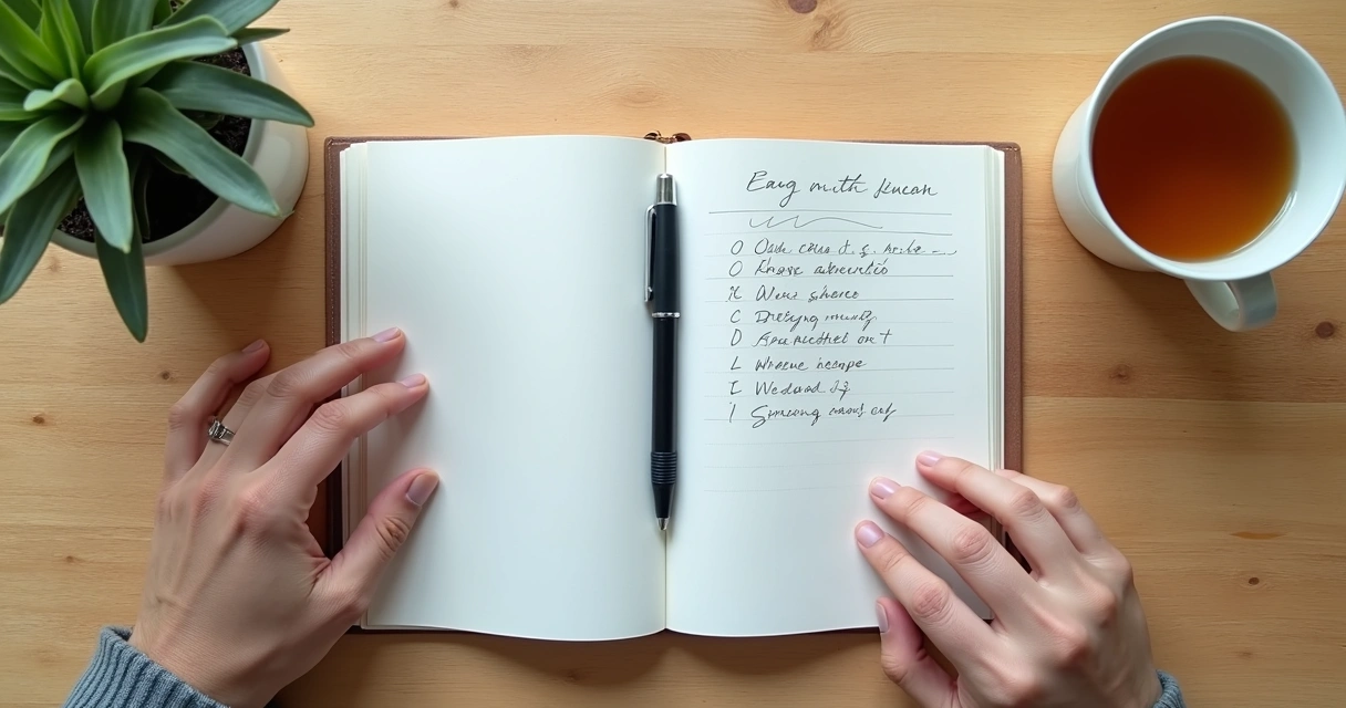 Cuaderno con lista de tareas y mano haciendo una pausa de respiración