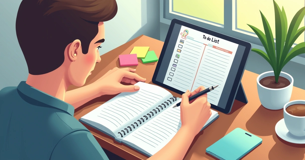 Pessoa organizando lista de tarefas em caderno e tablet 