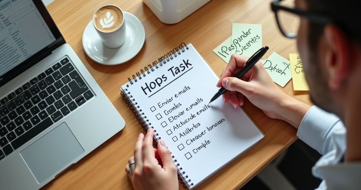 Pessoa escrevendo lista de tarefas repetitivas em um caderno sobre uma mesa com notebook