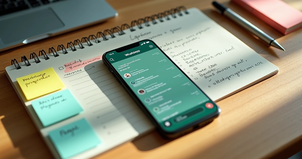 Celular sobre mesa com grupo do WhatsApp exibindo lista de tarefas organizada 
