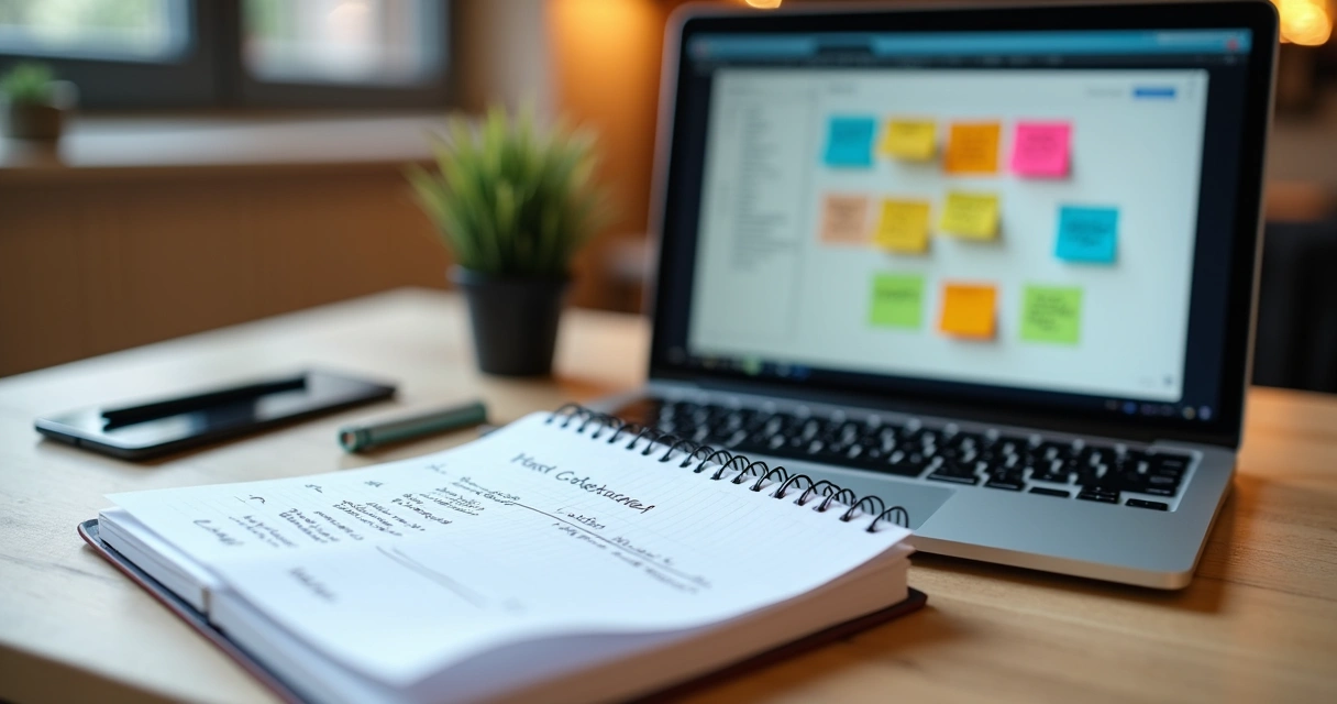 Lista de ideias de temas para redes sociais sugeridas por IA, com tópicos organizados ao lado de anotações manuais 