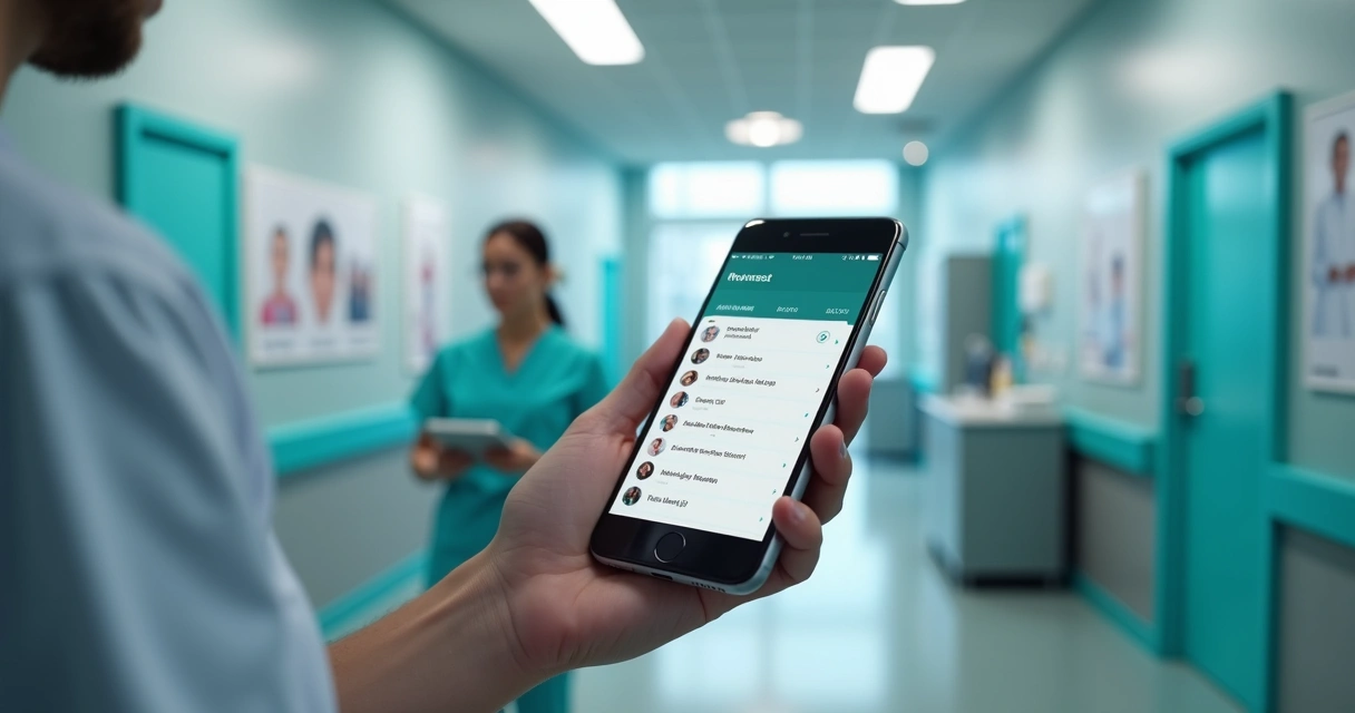 Pessoa enviando lista de transmissão pelo WhatsApp em ambiente clínico 