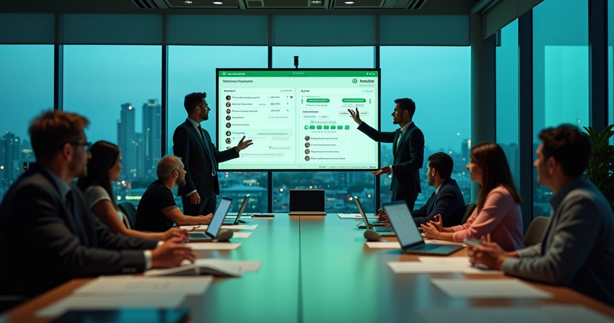 Gestor observa no escritório tela com mensagens de lista de transmissão WhatsApp para clientes empresariais 