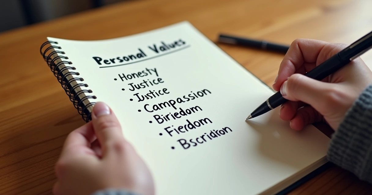 Mano sosteniendo un cuaderno con una lista de valores personales escritos 