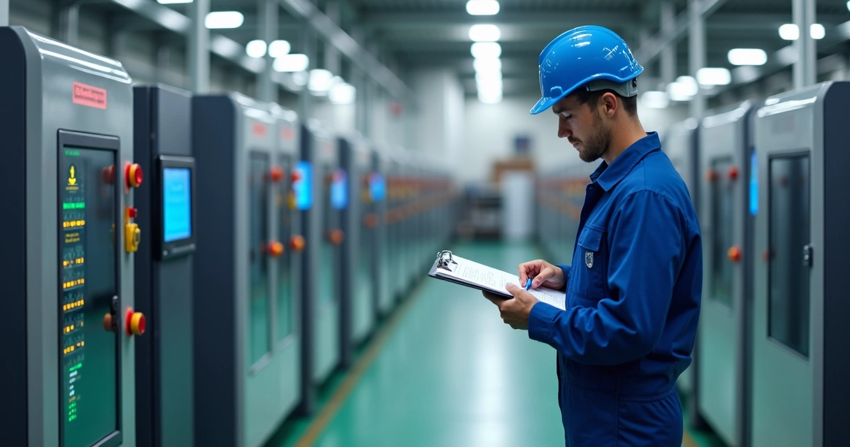 Técnico fazendo checklist de equipamentos industriais 